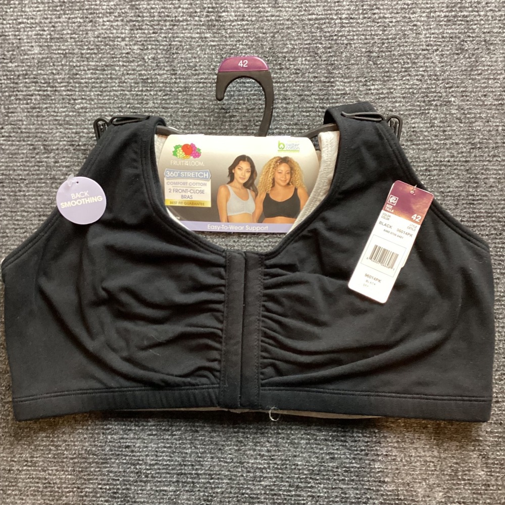 360 Stretch Cotton Front Close Bra 2 Pack Black Gray 42 96014P 225